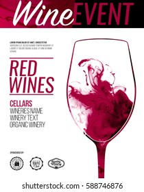 Plantilla para promociones o presentaciones de eventos vitivinícolas. Ilustración con efecto líquido. Manchas de vino tinto. Diseño de Vector
