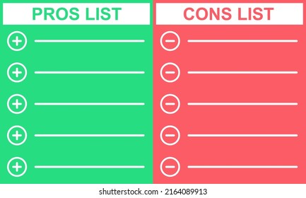 Template with pros and cons list. Positive and negative list vector background. Comparison good or bad. Do option.