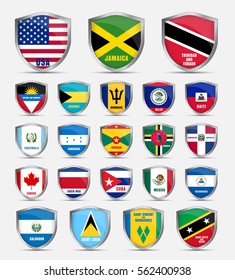 Template of protective boards with flags and the name of the countries of North America. Vector illustration. Set shields.