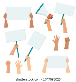 Template for protesting banners. Hands holding blank protest posters. Raised up hands. Set of demonstration, rally, protest, strike, picket. Flat vector illustration.