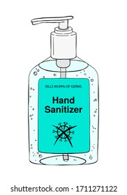 Template pump bottle gel antiseptic for hands. Personal hygiene product. Sanitizer dispenser disinfects protects coronavirus. Color vector isolated flat doodle realistic black outline white background