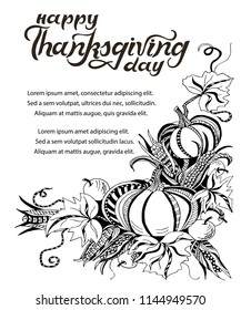 Template with pumpkins, corn and apples. Handwritten lettering Happy Thanksgiving day. Vector illustration.