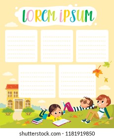 Template. Pupils on outdoor break. Children having rest. School. Autumn, fall, childhood, friends. Laying on grass.
