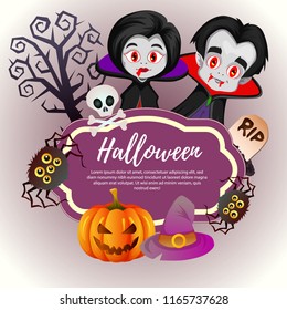 template purple halloween with witch vampire couple