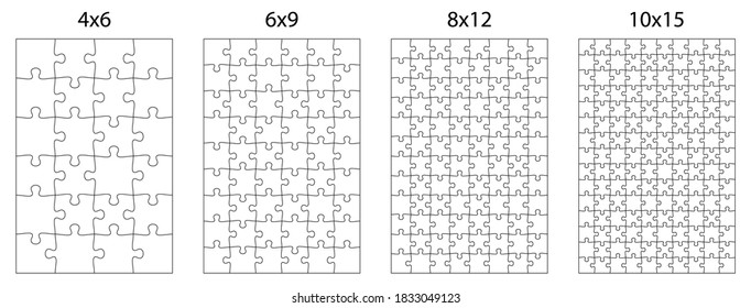 template for puzzle pieces of different difficulty levels for overlaying an image. Children educational games. Black and white vector