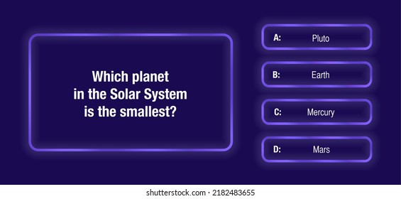 A template of questions and answer options for a quiz on a dark blue neon background. Test, exam, questions for a TV show. Vector illustration 