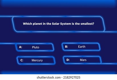 A template of questions and answer options for a quiz on a dark blue neon background. Test, exam, questions for a TV show. Vector illustration 