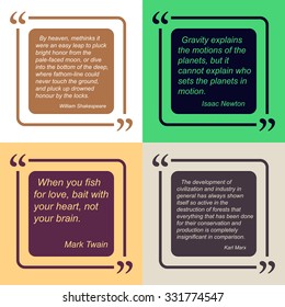 Template of quote design. Four color options. Old quotes of famous people. Text in colored rectangle with rounded edges. Quote bubbles vector illustration.