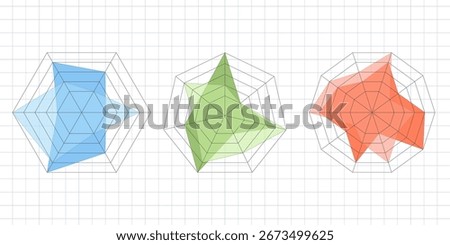 Template for radar or spider charts with clean flat mesh. Vector diagram pack includes pentagon and hexagon shapes. Kiviat chart for stats and analytics. Isolated on white background