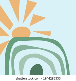Template with rainbow and sun in boho style. Minimalistic abstract Scandinavian design in pastel colors. Vector illustration for greeting cards, invitations, clothes printing.
