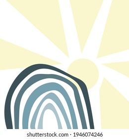 Plantilla con arcoiris y sol al estilo boho. Diseño abstracto minimalista escandinavo en colores pastel. Ilustración vectorial para tarjetas de felicitación, invitaciones, impresión de ropa.