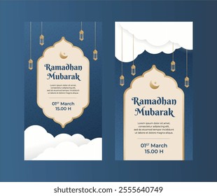 Template Ramadan ini menampilkan latar belakang biru yang damai, melambangkan ketenangan dan spiritualitas. Pola Islami yang elegan, bulan sabit, dan bintang berwarna emas dan putih menghiasi desain,