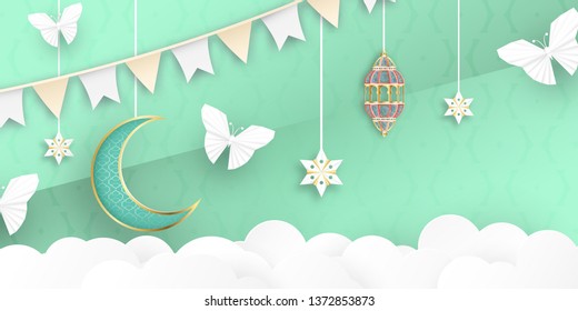 Template for Ramadan Kareem with green and gold color. 3D Vector illustration design in paper cut and craft  for islamic greeting card, invitation.