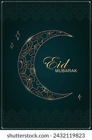 Template of Ramadan Kareem greeting card with hand drawn linear golden crescent moon on dark green background with arabesque pattern. Vertical banner with outline Muslim crescent for Eid Mubarak