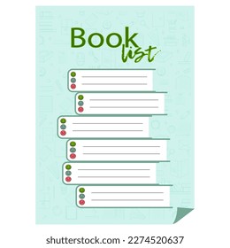 Template for read book planner page. Reading list. Strings for the title of the book, name of the author, emoticons.