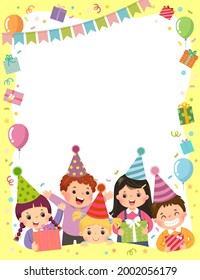 Template Is Ready For Invitation For Birthday Party Card With Group Of Kids Holding Gift Boxes.