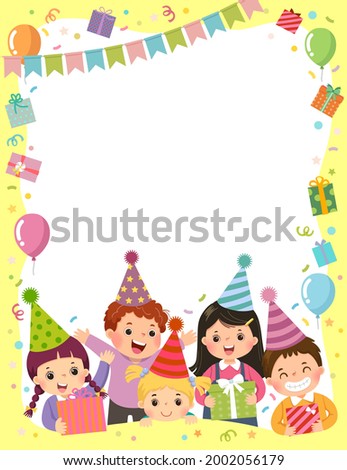 Template is ready for invitation for birthday party card with group of kids holding gift boxes.