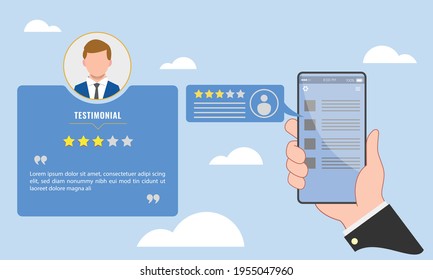 Template For Real Time Online Business Testimonial And Star Rating For Website. Hand Holding A Smartphone And Reading Customer Review, Testimony, Feedback, Notification ..