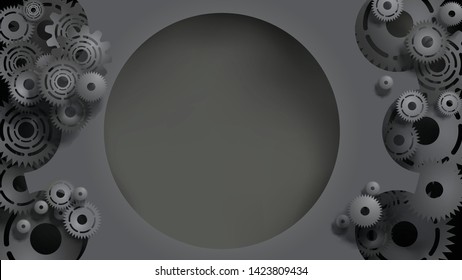 Template of realistic 3D black gears and cogs with middle copy space for text editing. EPS10, VECTOR, Illustration. Size ratio 1920x1080 px.