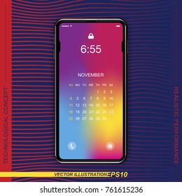 Template realistic black smartphone with a screen lock on a colour background. Phone with set of web icons and calendar. Flat vector illustration EPS 10