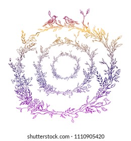 Template of realistic branches with leaves. Silhouette, art line. Nature botanical illustration in frame. Sketch. Vector isolated on white background eps.10