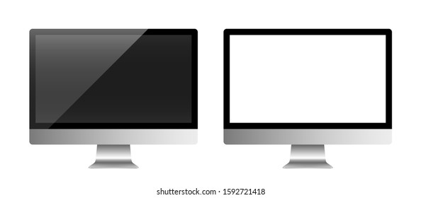 Template of realistic desktop computer monitors with off and blank white screen. Modern gadgets isolated on white background. Device layout. Vector illustration.