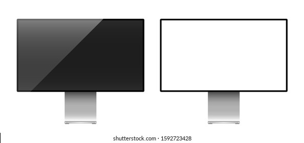 Template of realistic desktop computer monitors with off and blank white screen. Modern gadgets isolated on white background. Device layout. Vector illustration.