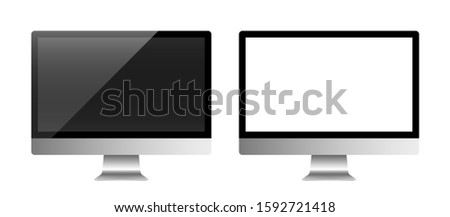 Template of realistic desktop computer monitors with off and blank white screen. Modern gadgets isolated on white background. Device layout. Vector illustration.
