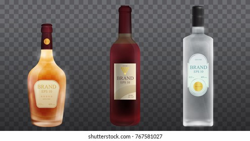 Template realistic glass bottles of different shapes for alcohol or other beverages with screw cap isolated on transparent background. Vector illustration.