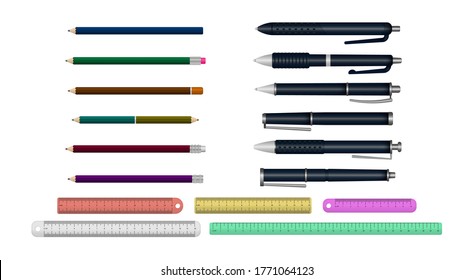 Template of realistic multi colored plastic pens in different angles. Set of realistic writing pen, rulers isolated on a white background. 3D colored school stationery. Vector illustration, eps 10.