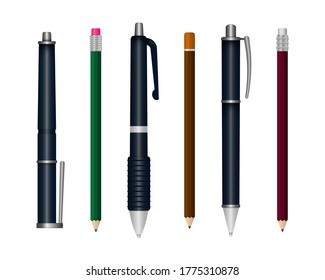 Template of realistic multi colored plastic pens in different angles. Set of realistic writing pen isolated on a white background. 3D colored school stationery. Vector illustration, eps 10.