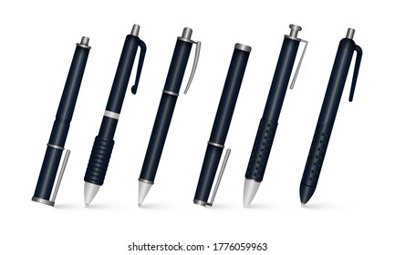 Template of realistic multi colored plastic pens in different angles. Set of realistic writing pen isolated on a white background. 3D colored school stationery. Vector illustration, eps 10.