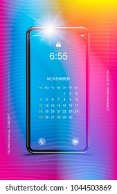 Template realistic smartphone with a gradient and screen lock on a colour background. Phone with set of web icons and calendar with gradient background. Flat vector illustration EPS 10.