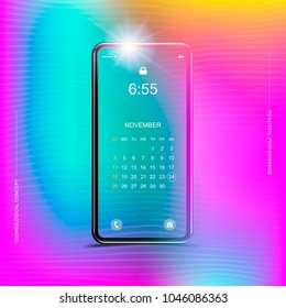 Template realistic smartphone with a gradient and screen lock on a colour background. Phone with set of web icons and calendar with gradient background. Flat vector illustration EPS 10.