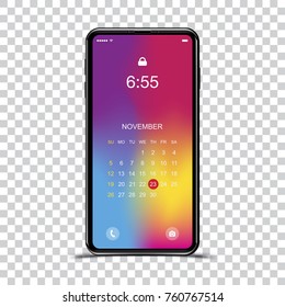 Template realistic smartphone with a gradient and screen lock on a transparent background. Phone with set of web icons and calendar with gradient background. Flat vector illustration EPS 10