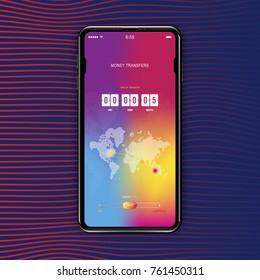 Template realistic smartphone with a gradient and screen lock on a gradient background. Phone with mobile app for online transfer money with timer countdown.. Flat vector illustration EPS 10