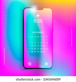 Template realistic smartphone in a vertical format with a gradient and screen lock on a colour background. Phone with web icons and calendar with gradient background. Flat vector illustration EPS 10.