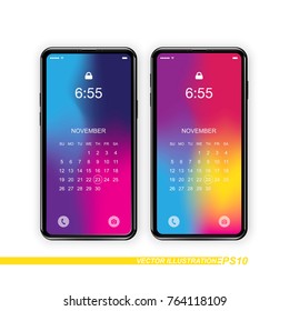 Template Realistic Smartphones With A Gradient And Screen Lock On A White Background. Phone With Set Of Web Icons And Calendar With Gradient Background. Flat Vector Illustration EPS 10