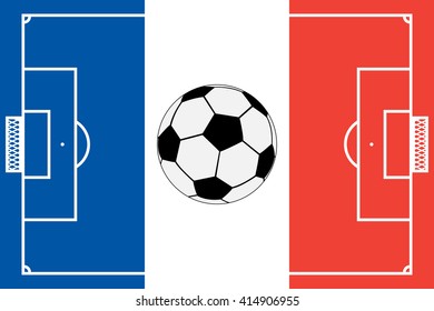 Template realistic soccer field with lines and gate on the background of the official national flag of France and soccer ball. vector illustration