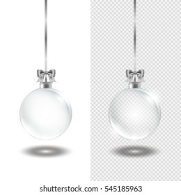 Template of realistic transparent silver Xmas balls on light and transparent abstract background with bows and ribbons. Vector illustration EPS 10