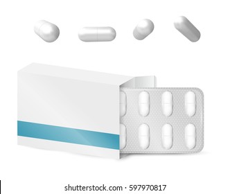 Template realistic white blank paper medicine package box with capsules isolated on white background. Vector mockup drugs.