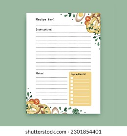 Template for a recipe book. The blank page for your recipes. Cookbook. Vector.