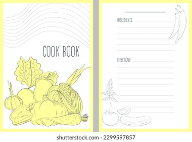 template for recipe book with hand drawn illustrations of vegetables