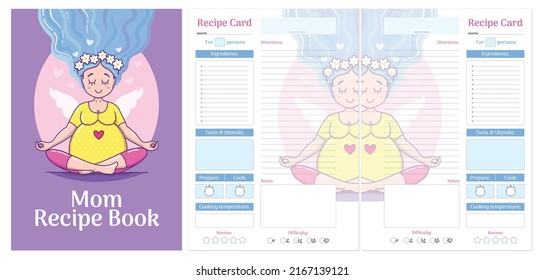 Template recipe page and cover of cookbook for pregnant women. Healthy nutrition concept in cute cartoon style. Food Journal. Colorful Vector Printable Template.