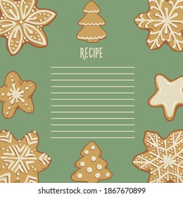 Template for recipes, for notebooks in a frame of gingerbread cookies on a green background
