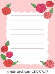 Template for records with lines. Pink with a white center, with roses and leaves in the corners. 