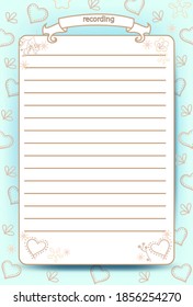 Template for records. Scheduler. Vector illustration. Flat design. In light pastel colors. Hearts and dots.