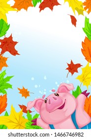 Template rectangular with funny piggy and fallen colorful autumn leaves. Frame for text or photo. Vector childish cartoon character.