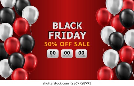 Plantilla de banner rojo con cuenta regresiva de venta y globos lacrimógenos 3d para el evento Black Friday. Cartel promocional con temporizador de descuento. Fondos de pantalla de marketing, antecedentes con oferta especial para compras en línea