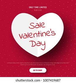 Template of a red banner with a white paper heart for sale on Valentine's Day. Vector postcard template, email, with text and buttons.